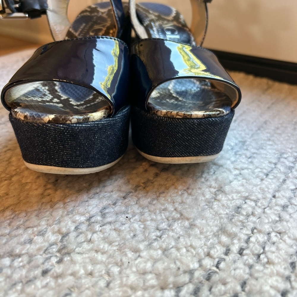 AGL Women’s Snakeskin Leather Patent Navy Denim Ankle Strap Wedges Shoes - Picture 12 of 15